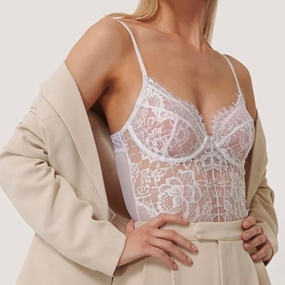 White Lace Cup V String Bodysuit NWT